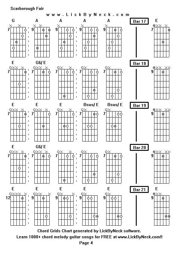 Chord Grids Chart of chord melody fingerstyle guitar song-Scarborough Fair,generated by LickByNeck software.